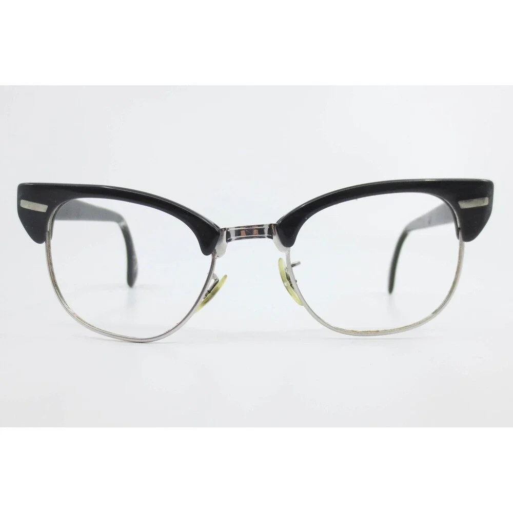 Vintage 1/30 10K RGP Browline Cat Eye Glasses Black Silver 46-20 38333